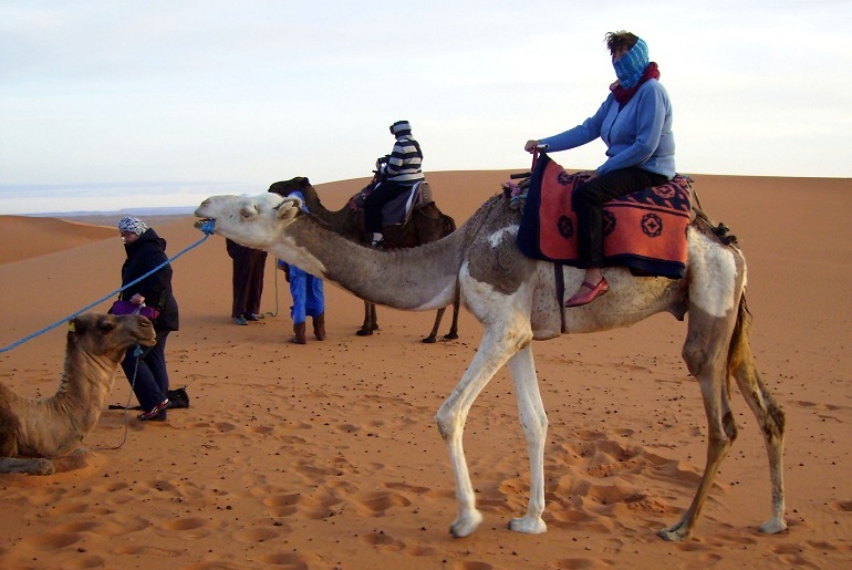Frau auf Kamel in der Erg Chebbi